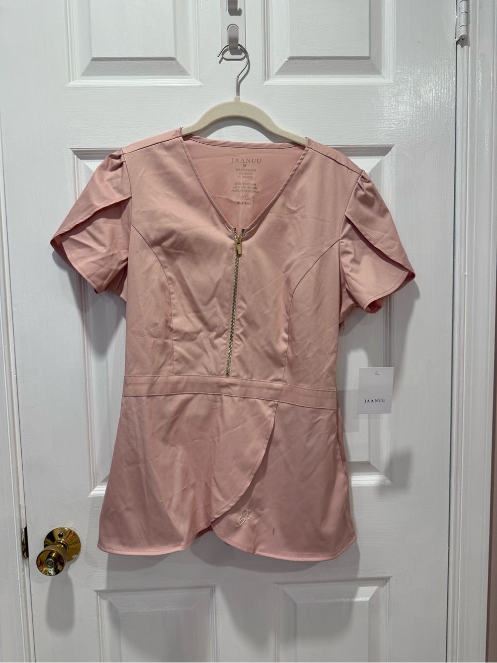 Jaanuu Dusty Pink V-Neck Zip Tulip-Hem Scrub Top